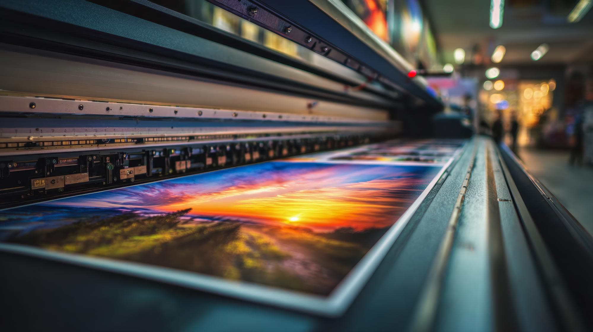 Wide-format printer producing a vivid sunset poster