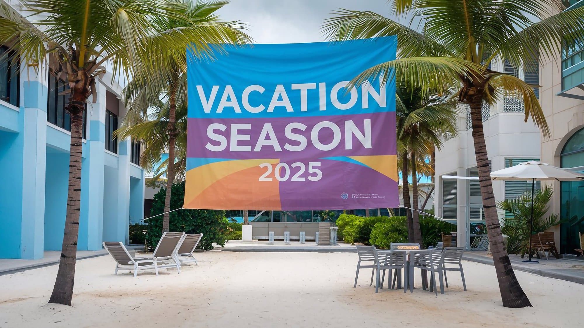 Large printed banner hanging between palm trees