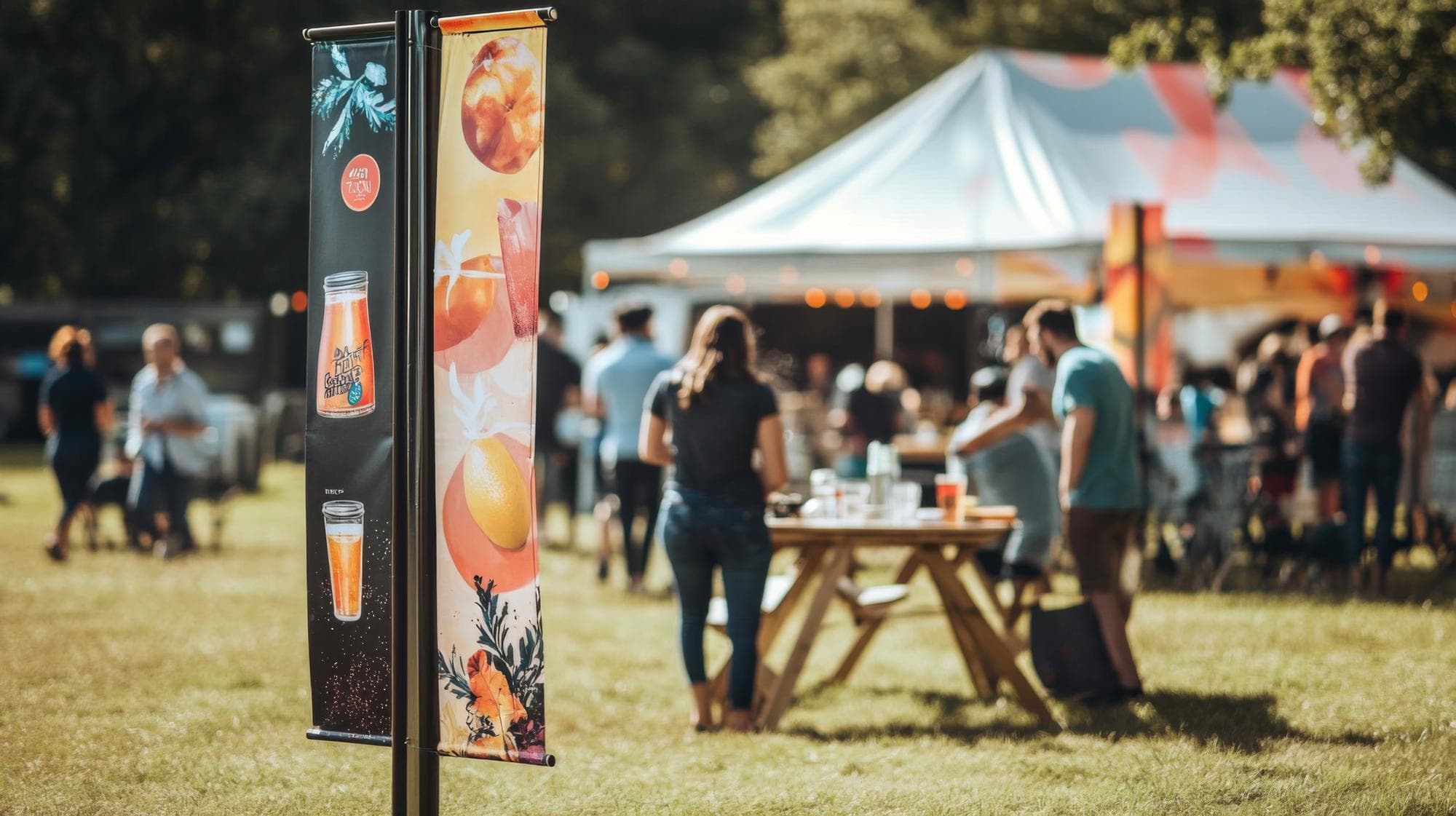 Printed pole flags at an outdoor event