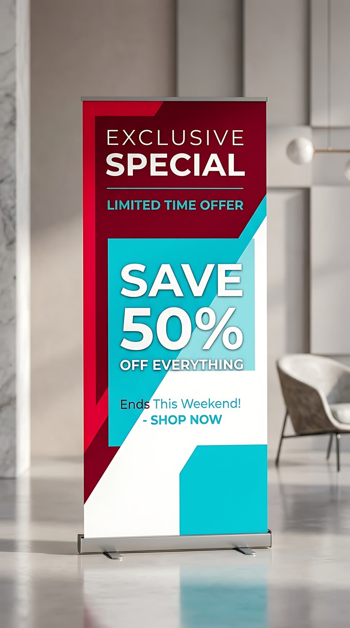 Pull-up banner stand in a bright showroom